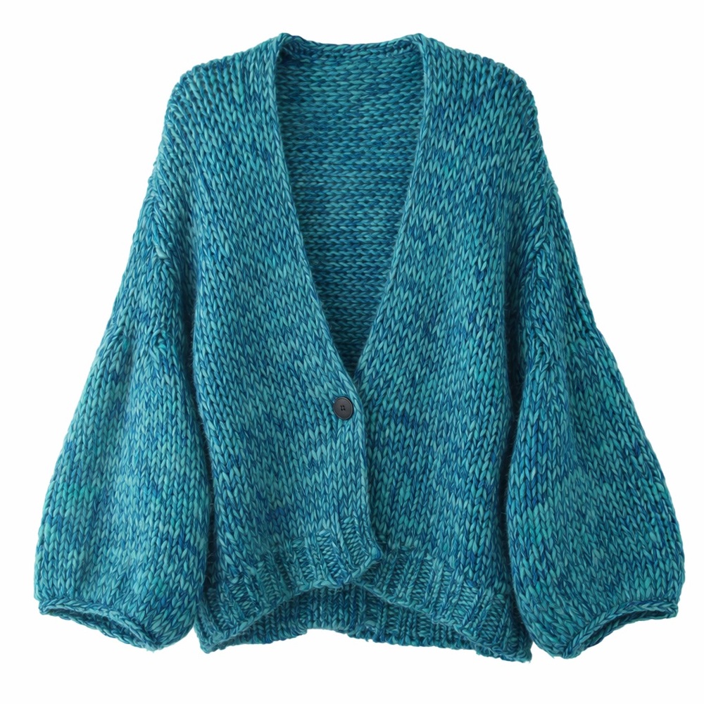 Free People Chunky Alpaca Wool Balloon Sleeve Cardigan Sweater Teal XS